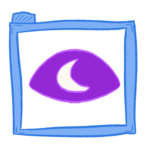 a digitally drawn image of a purple eye with a white crescent moon on it inside a transparent blue folder